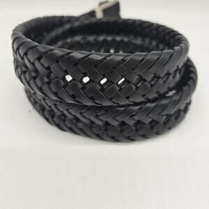 Herringbone Braided Belt Silver Buckle Black Size XL 42-44 Leather Trim and Faux